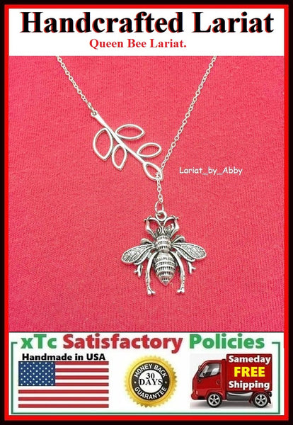 Large Queen Bee Silver Charm "Y" Lariat Necklace.