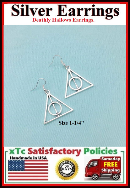 Beautiful Deathly Hallows TRIANGLE Silver Dangle Earrings.