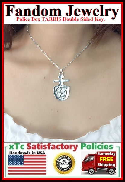 Phone Box TARDIS Double Sided Key Silver Charm Necklace.