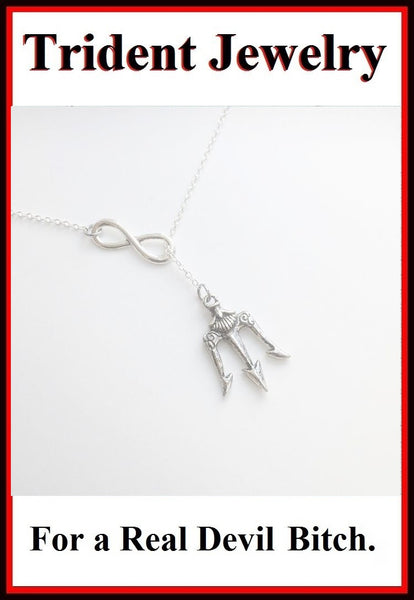 Silver Devil's PITCH FORK TRIDENT Charm Lariat Necklace.