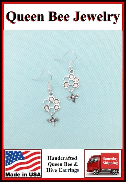 Beautiful QUEEN BEE and  HIVE Silver Dangle Earrings.