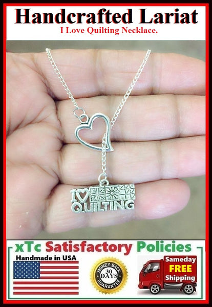 I Love Quilting Silver Charm Necklace Lariat Style.