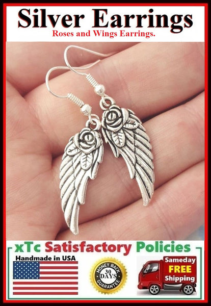 Gorgeous Wings and Roses Angelic Handcrafted Silver Dangle Earrings.