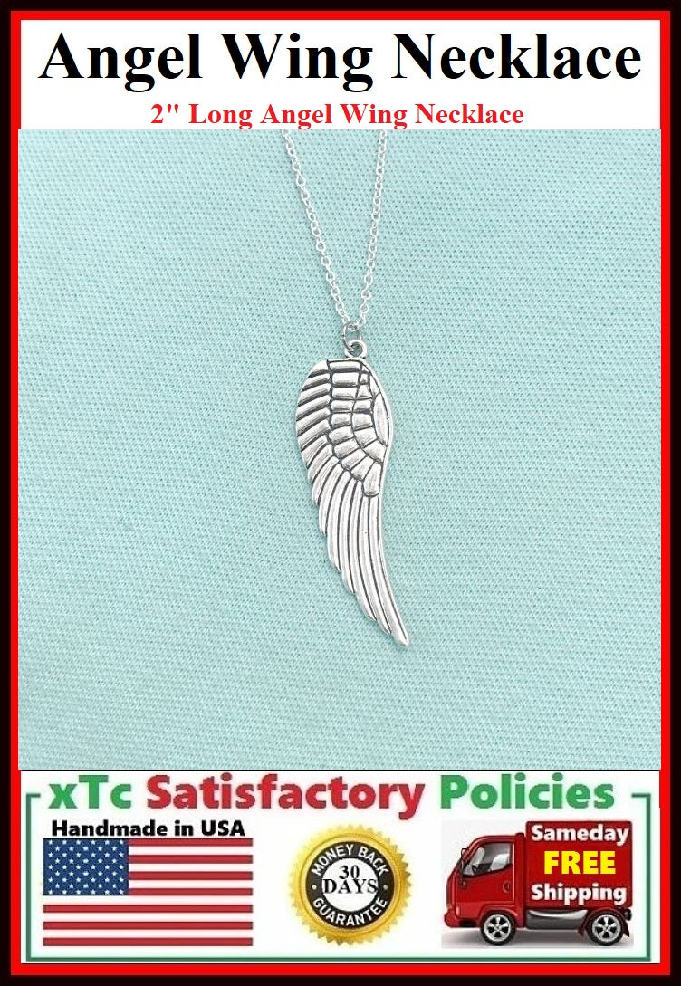 Handcrafted Beautiful Silver 2" ANGEL WING Charm Necklace.