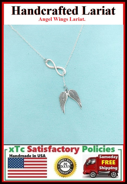 Beautiful Angel Wings & Infinity Silver Charm "Y" Lariat Necklace.