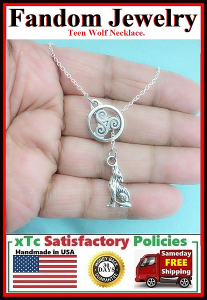 Beautiful TRISKELION Disk & HOWLING WOLF Handcrafted Necklace Lariat Style.