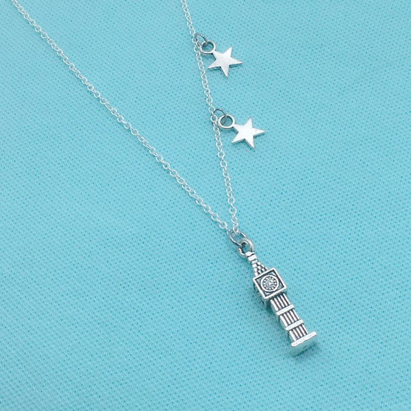 SECOND STAR TO THE RIGHT: Big Ben and 2 Stars Silver Necklace