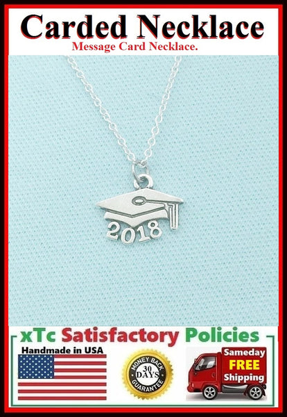 Graduation Gift; Handcrafted Cap 2018 Silver Charm Necklace.