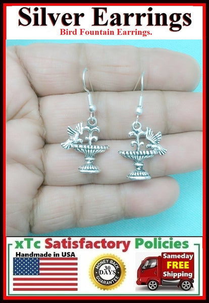 Beautiful BIRD FOUNTAIN Silver Dangle Earrings.