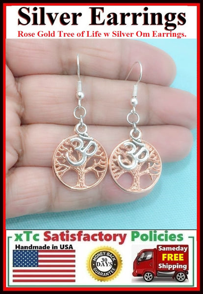 Gorgeous Rose Gold(EP) TREE OF LIFE with Silver OM Dangle ZEN Earrings.