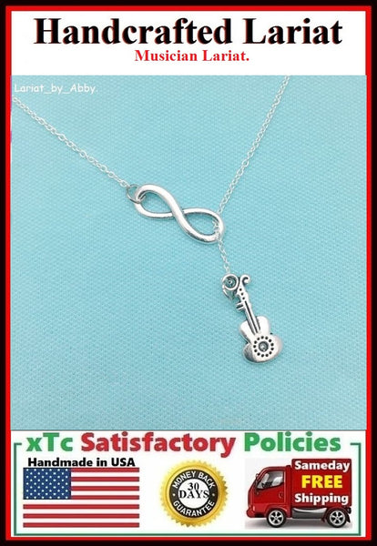 Vintage Guitar & Infinity Handcrafted Necklace Lariat Style. Musician Gift.