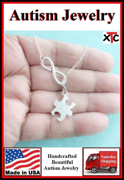 AUTISM Awareness Solid Silver Puzzle Piece Charm Lariat Necklace.
