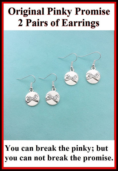 2 Pairs of PINKY PROMISE Charms Silver Dangle Earrings.
