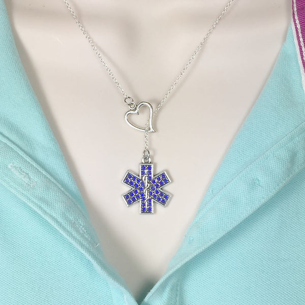 EMT, EMS, Star of Life Charm with Gem Y Necklace Lariat Style.