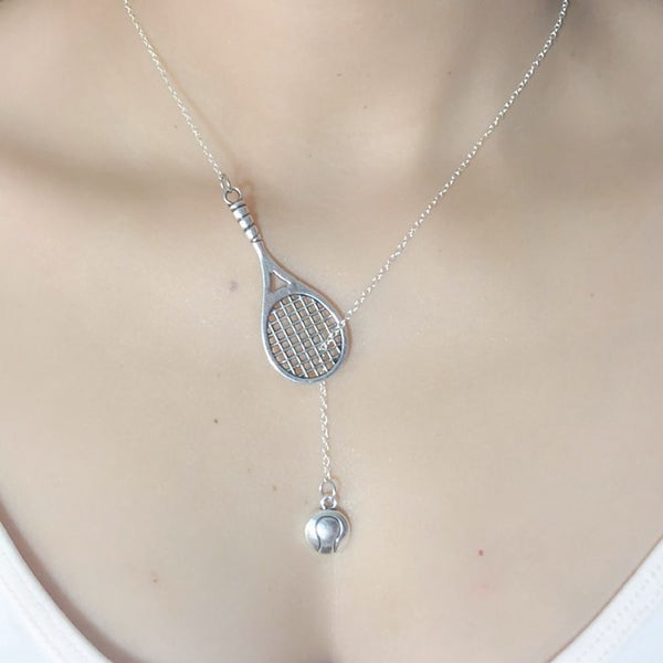 Tennis Racket and Tennis Ball Lariat Style Y Necklace.