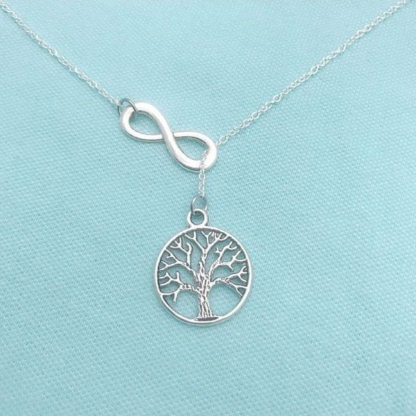 Handcrafted Tree of Life with Infinity Charms Necklace Lariat Style.