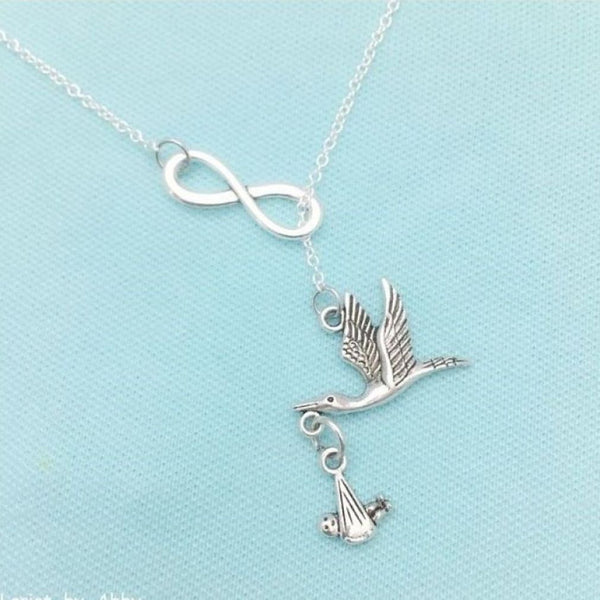 Stork w Baby Handcrafted Necklace Lariat Style. Pregnancy Gift.