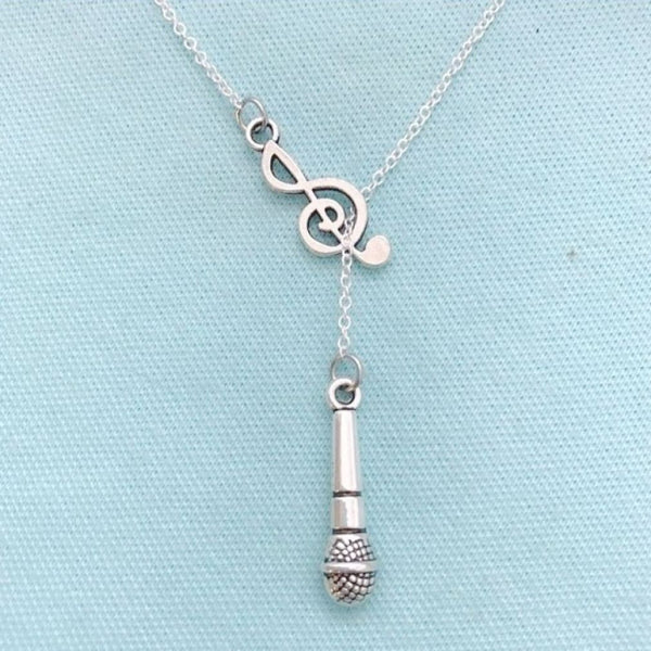 Beautiful Microphone Thru Treble Clef Necklace Lariat Style.