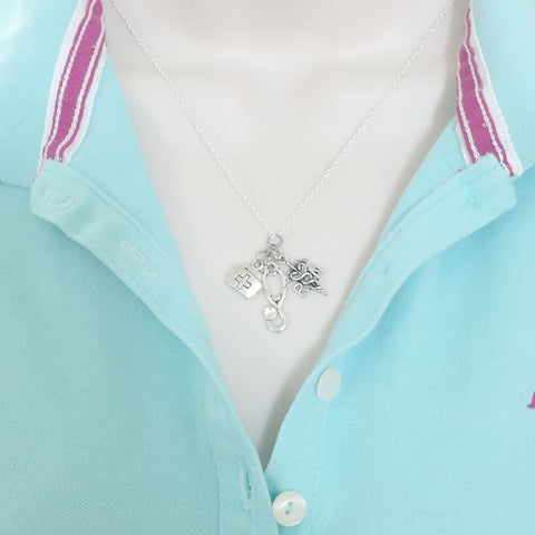 Nurse Cluster Charm Silver Necklace.