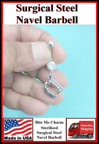 "Bite Me" Vampire's Teeth Silver Charm Surgical Steel Belly Ring.