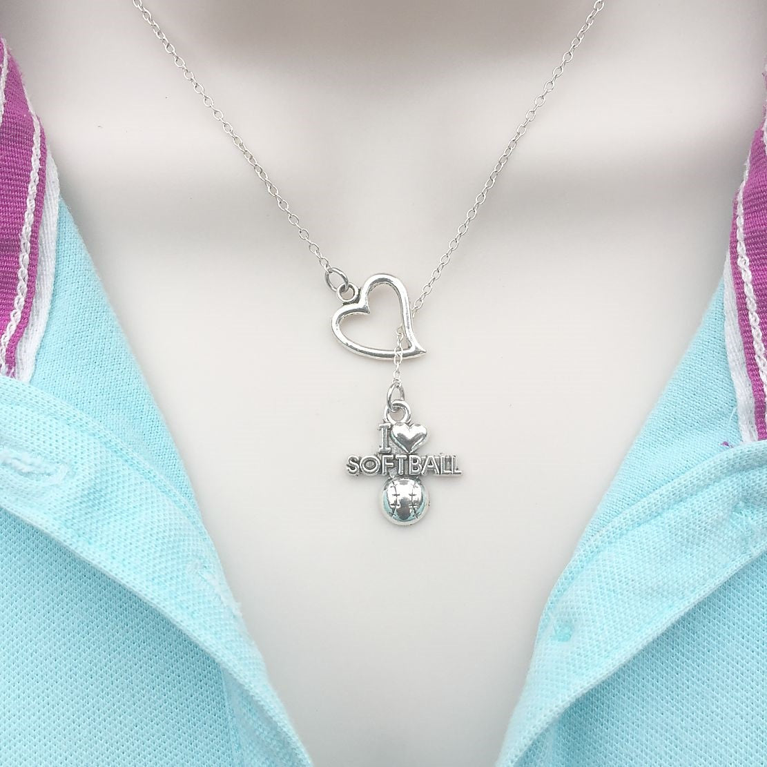 I Love Softball Silver Lariat Y Necklace.
