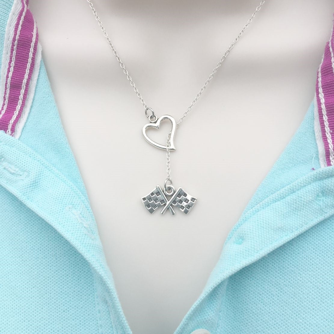 I Love Racing Silver Checker Flag Lariat Y Necklace.