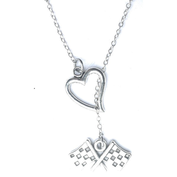 I Love Racing Silver Checker Flag Lariat Y Necklace.