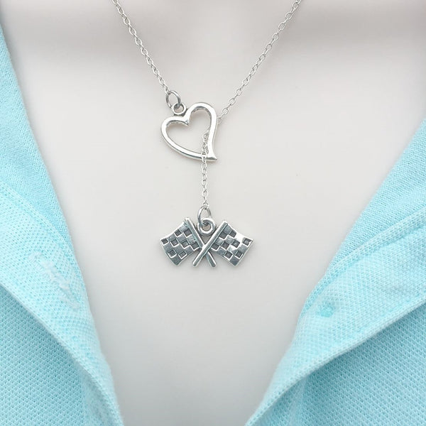 I Love Racing Silver Checker Flag Lariat Y Necklace.