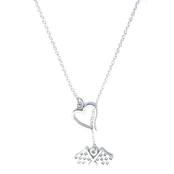 I Love Racing Silver Checker Flag Lariat Y Necklace.