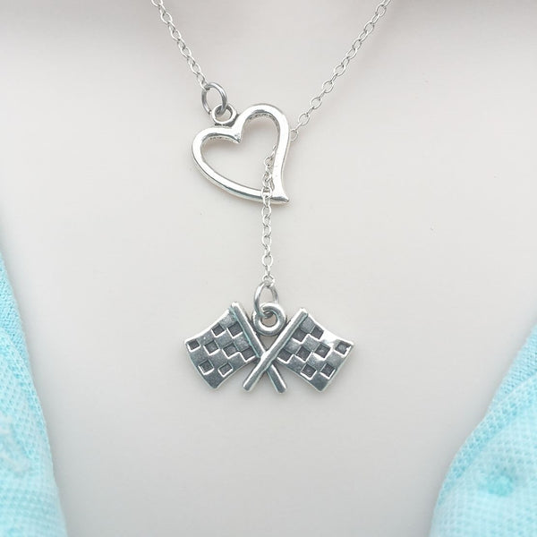 I Love Racing Silver Checker Flag Lariat Y Necklace.