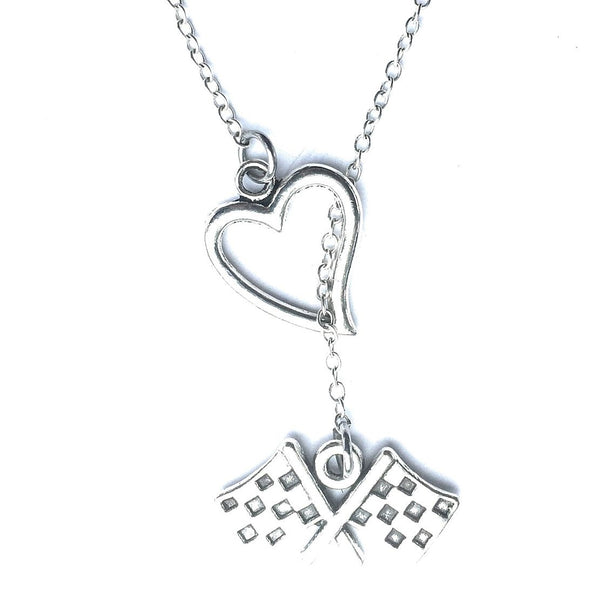 I Love Racing Silver Checker Flag Lariat Y Necklace.