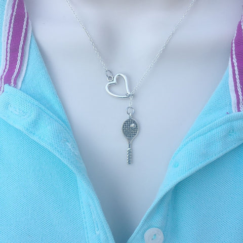 I Love to Play Tennis Silver Racket Lariat Y Necklace.