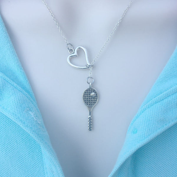 I Love to Play Tennis Silver Racket Lariat Y Necklace.