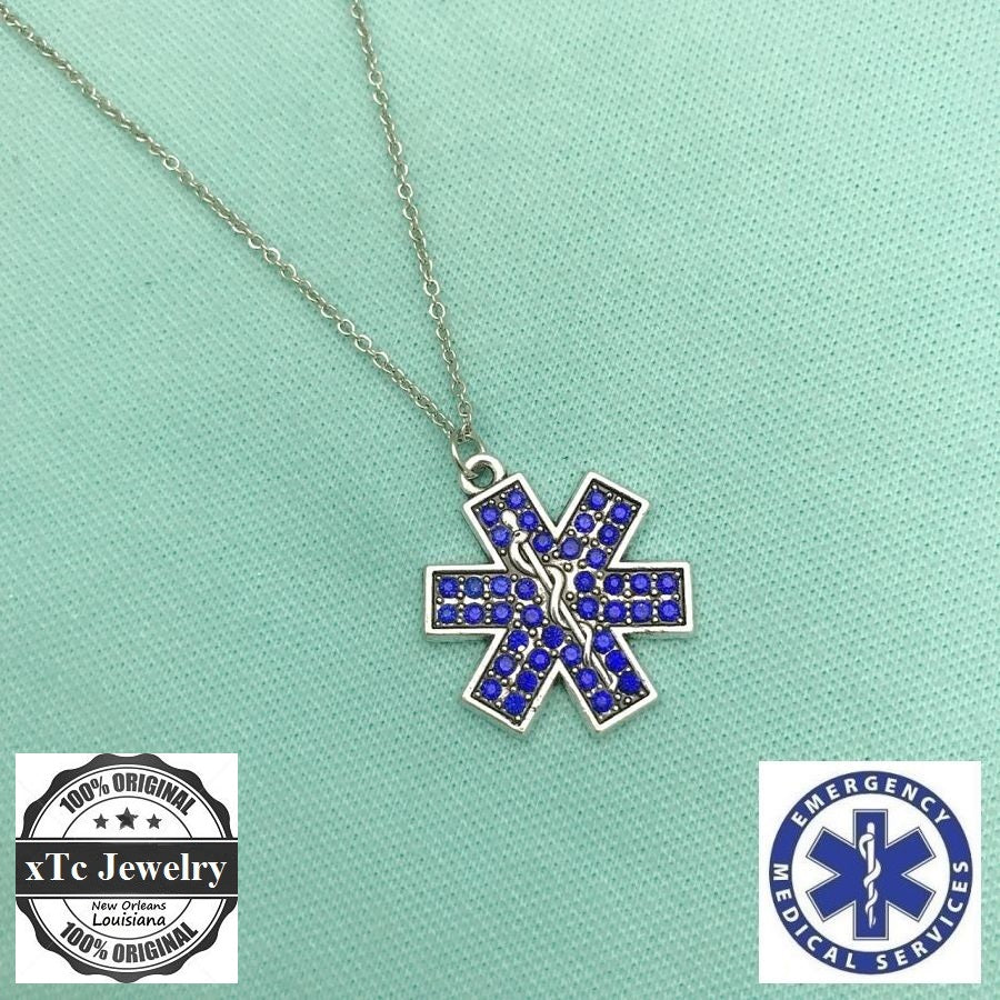 I Love EMT Star of Life Silver Lariat Necklace, EMT logo Star of Life is fill with Gems.