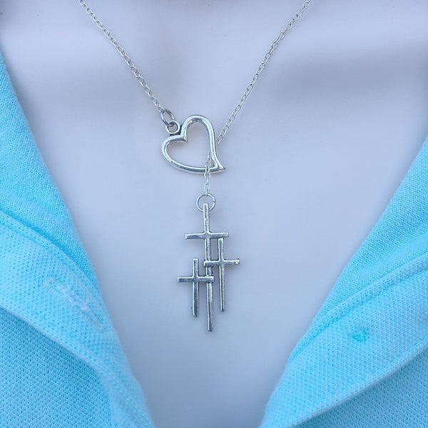 Love Papal or Triple Cross Silver Lariat Y Necklace.