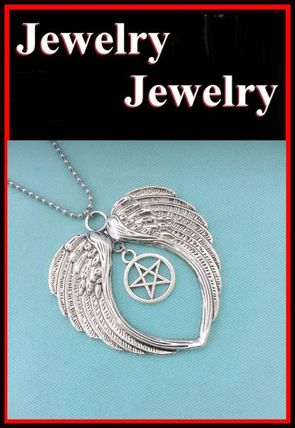 Large Angel's Wings with 3/4" Pentagram 18" Bead Chain