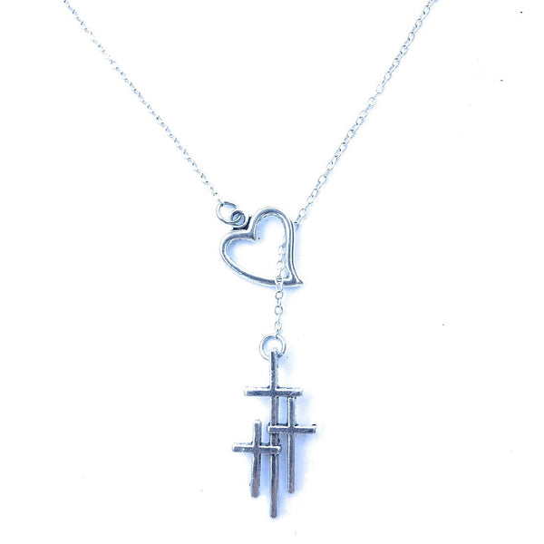 Love Papal or Triple Cross Silver Lariat Y Necklace.
