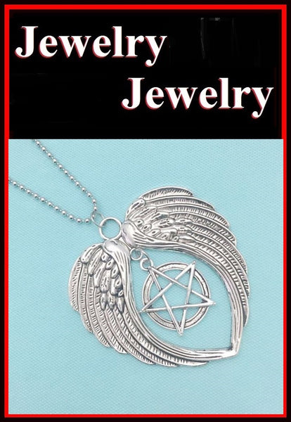 Large Angel's Wings with Large Pentagram 18" Bead Chain