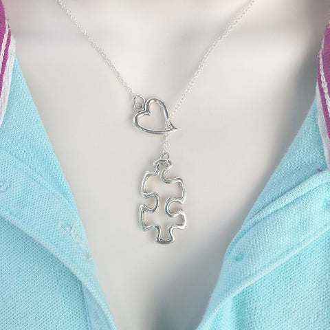 Autism Awareness Silver Puzzle Piece Lariat Y Necklace.