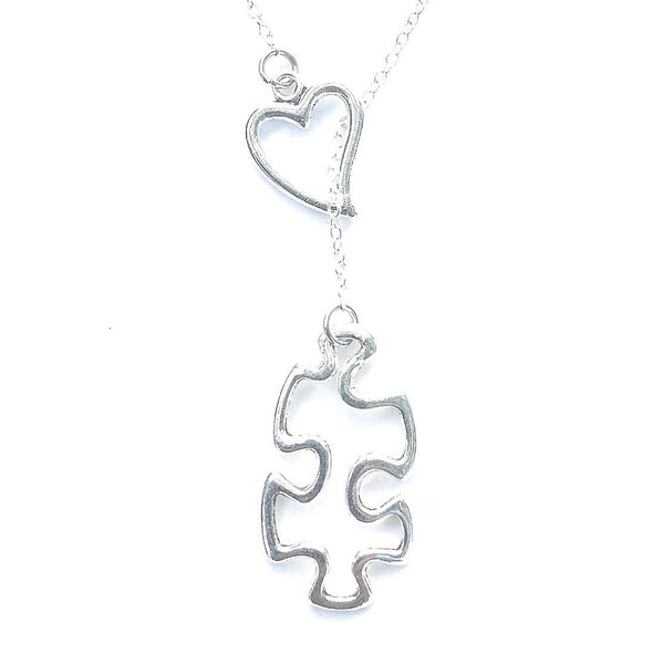 Autism Awareness Silver Puzzle Piece Lariat Y Necklace.