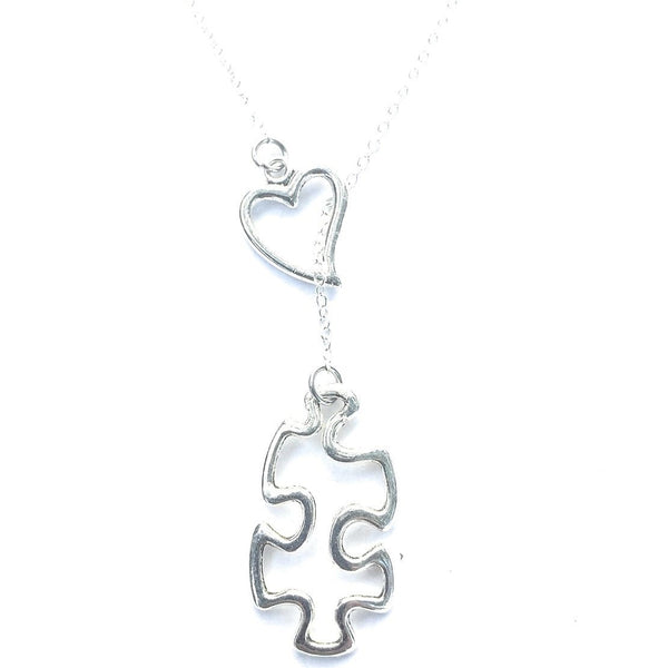 Autism Awareness Silver Puzzle Piece Lariat Y Necklace.