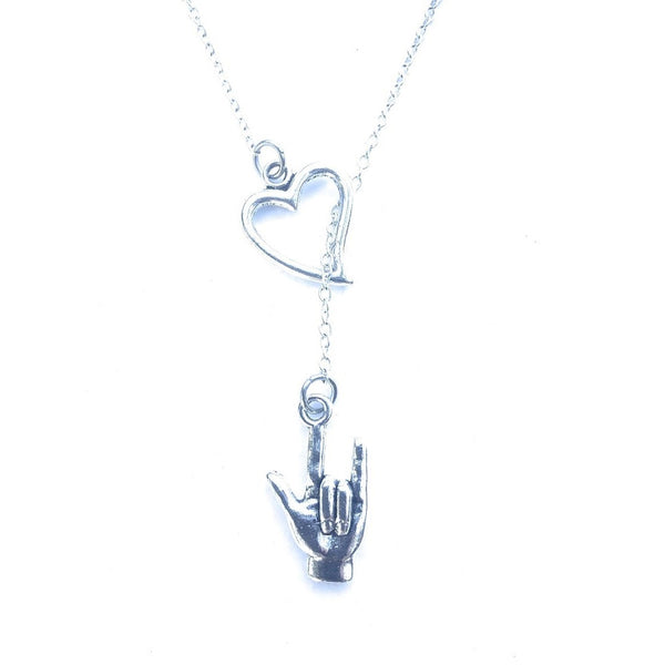 I Love You Silver Sign Language Lariat Y Necklace.