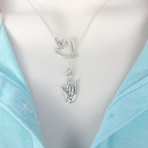 I Love You Silver Sign Language Lariat Y Necklace.