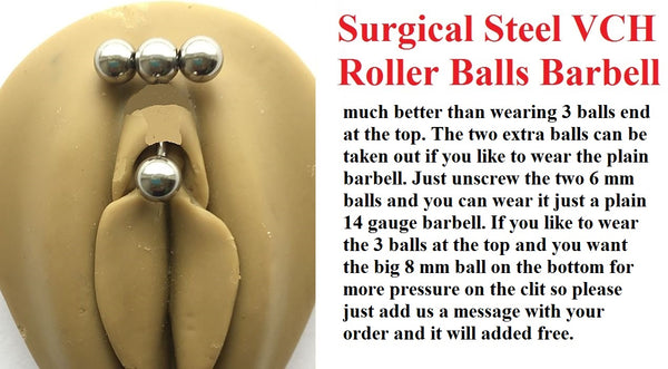 REVERSIBLE Sterilized Surgical Steel 3 ROLLER BALLS VCH BARBELL.