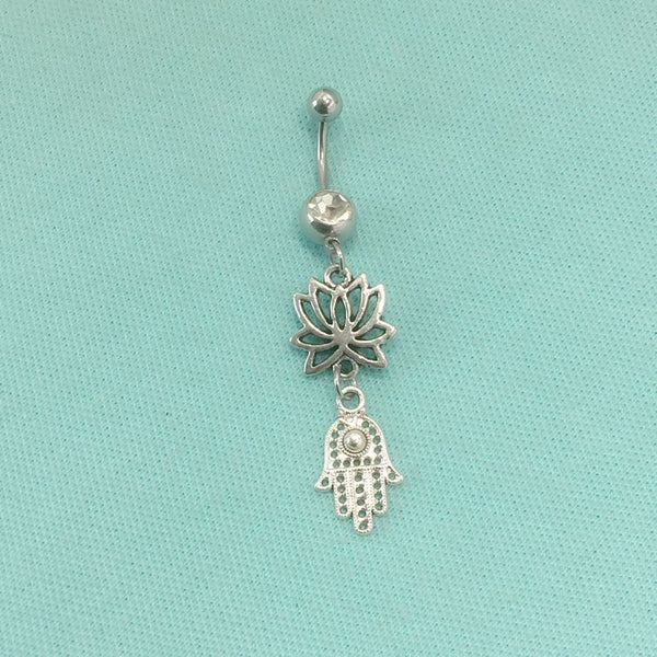 Sterilized HAMSA HAND & Lotus Charms Surgical Steel Belly Ring