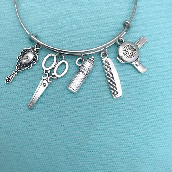 Hair Stylist: Dryer, Scissor, Comb, Spray Can & Mirror Charms Bangle