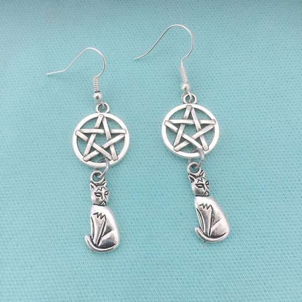 LUCIFER; Pentagram and Cat Silver Charms Earrings.