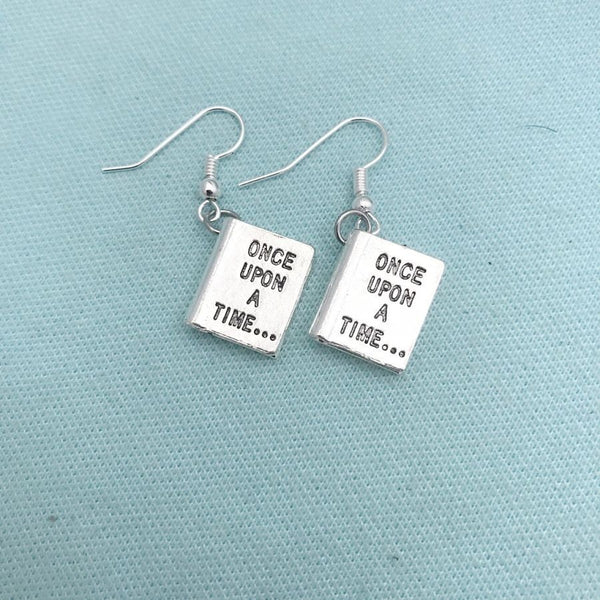 "Once Upon a Time" Book Silver Charms Dangle Earrings.