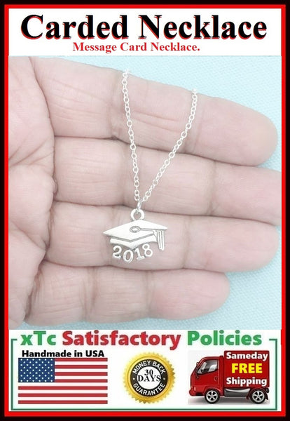 Graduation Gift; Handcrafted Cap 2018 Silver Charm Necklace.