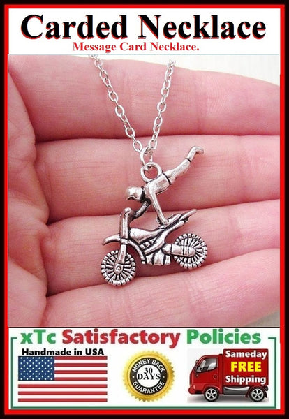 Biker Gift; Handcrafted Silver Dirt Bike Charm Necklace.